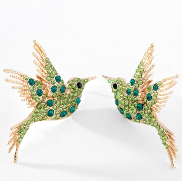 Green Rhinestone Bird Earrings Gold Hummingbird CZ Pave Crystal Birds Post Style - Picture 1 of 9